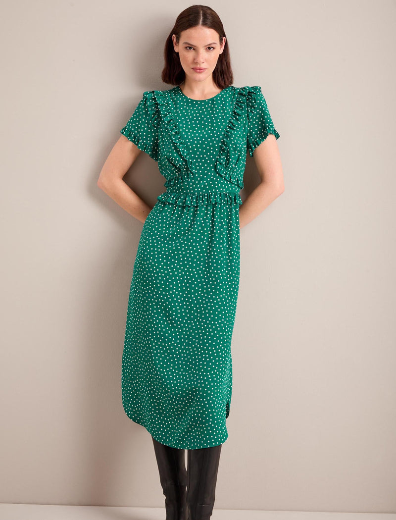 Mira Silk Midi Dress - Green Cream Polka Dot Print