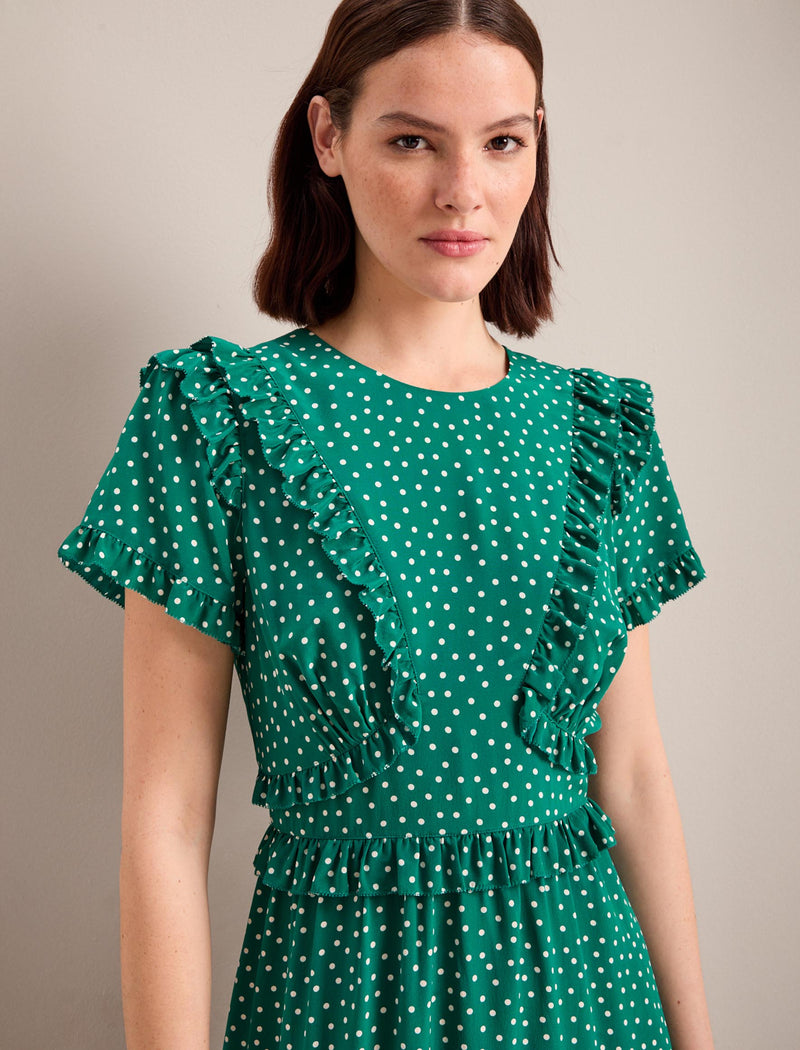 Mira Silk Midi Dress - Green Cream Polka Dot Print