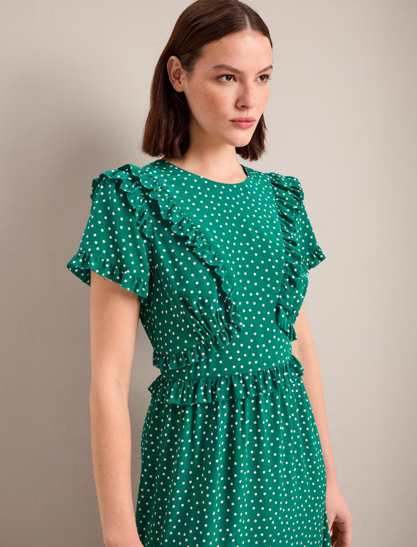 Mira Silk Midi Dress - Green Cream Polka Dot Print