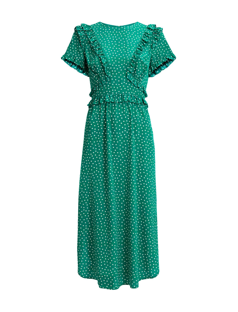 Mira Silk Midi Dress - Green Cream Polka Dot Print