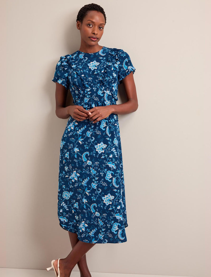 Mira Silk Midi Dress - Navy Yellow Trailing Floral Print