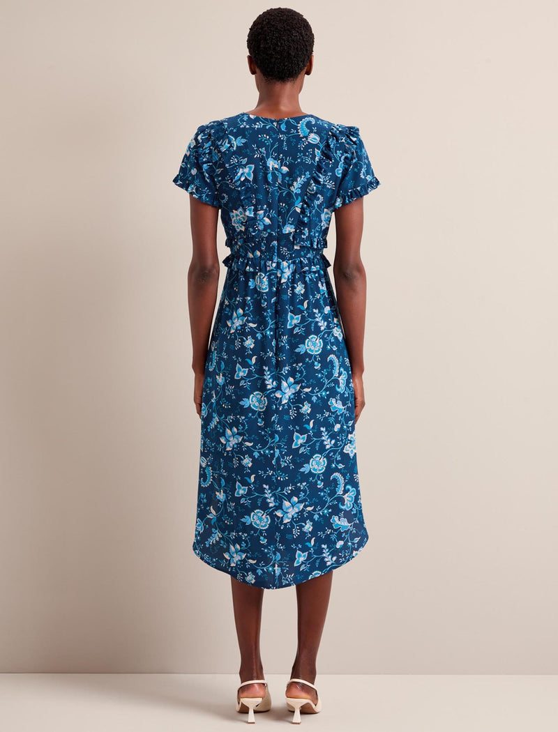 Mira Silk Midi Dress - Navy Yellow Trailing Floral Print