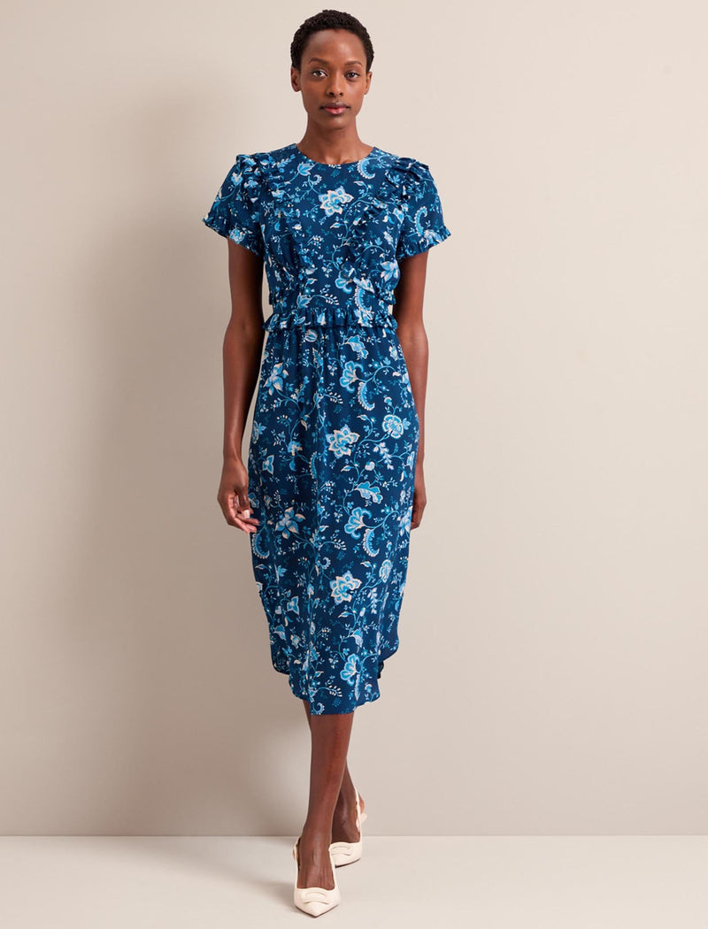 Mira Silk Midi Dress - Navy Yellow Trailing Floral Print