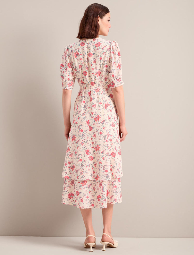 Ayla Silk Midi Dress - Cream Multi Trailing Floral Print