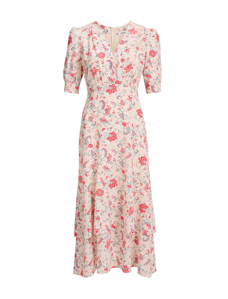 Ayla Silk Midi Dress - Cream Multi Trailing Floral Print