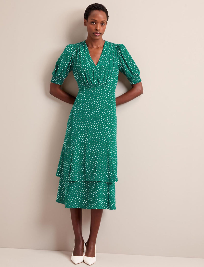 Ayla Silk Midi Dress - Green Cream Polka Dot Print