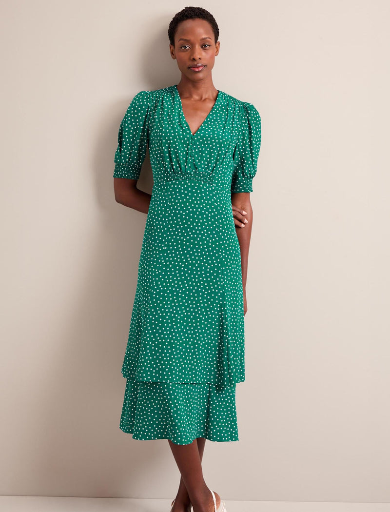 Ayla Silk Midi Dress - Green Cream Polka Dot Print