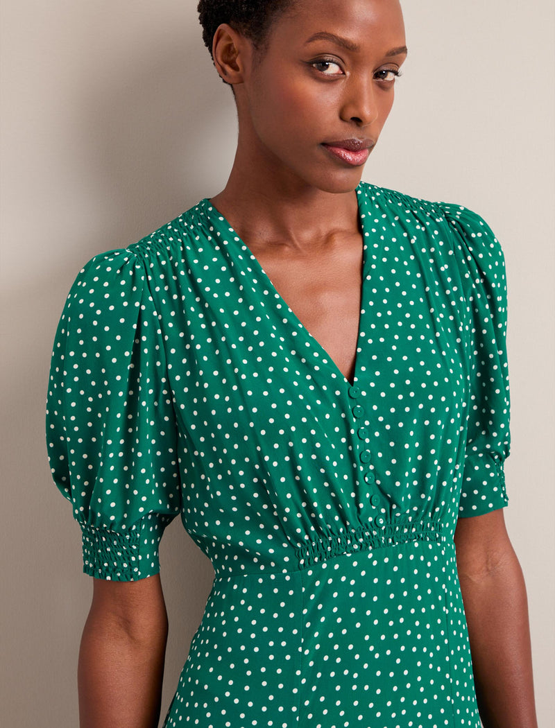 Ayla Silk Midi Dress - Green Cream Polka Dot Print