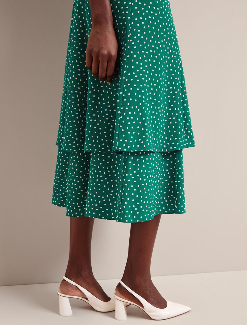 Ayla Silk Midi Dress - Green Cream Polka Dot Print