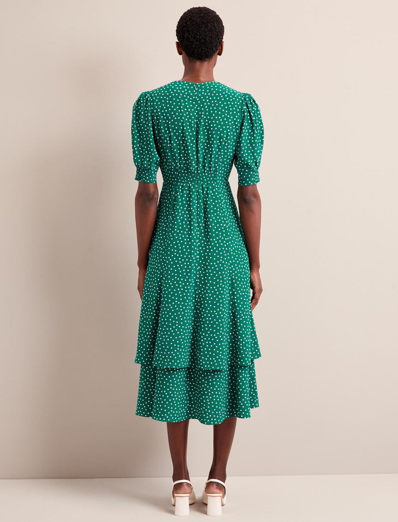 Ayla Silk Midi Dress - Green Cream Polka Dot Print