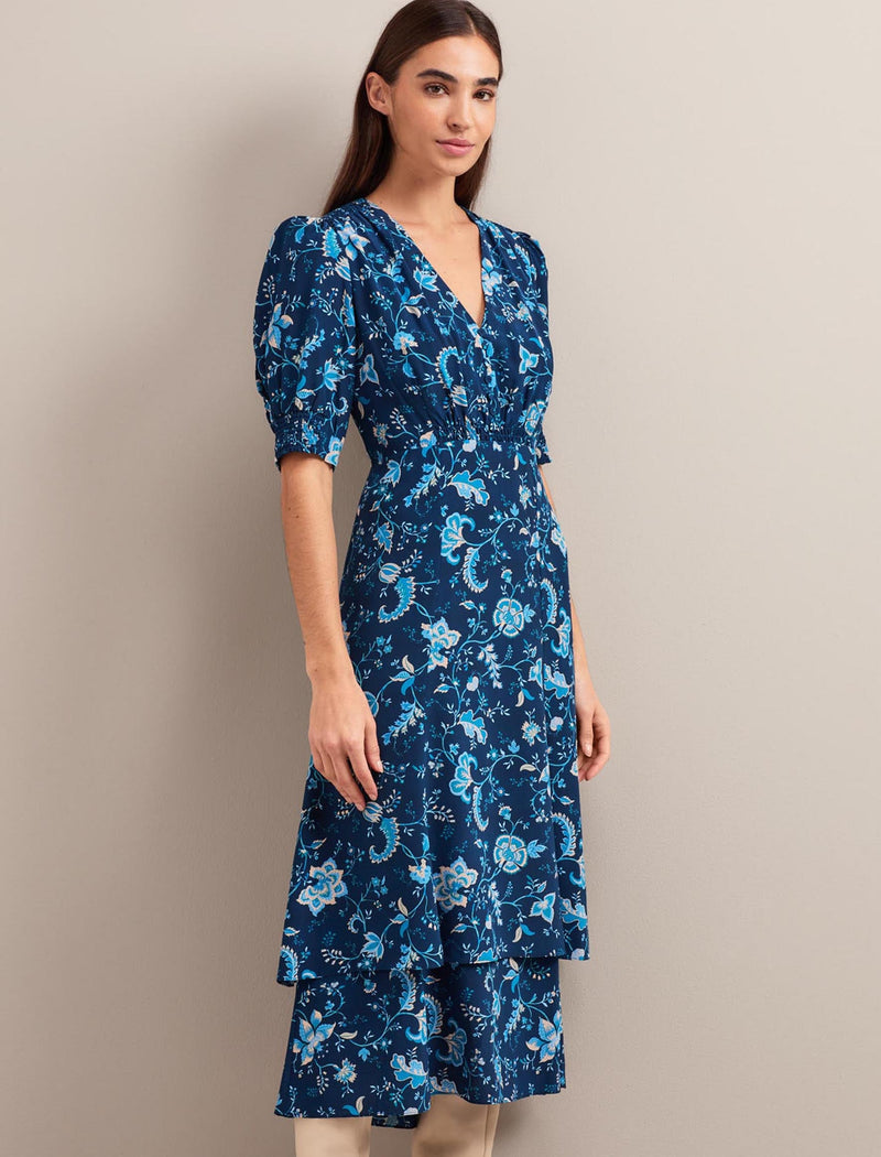 Ayla Silk Midi Dress - Navy Yellow Trailing Floral