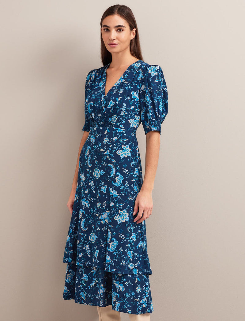 Ayla Silk Midi Dress - Navy Yellow Trailing Floral