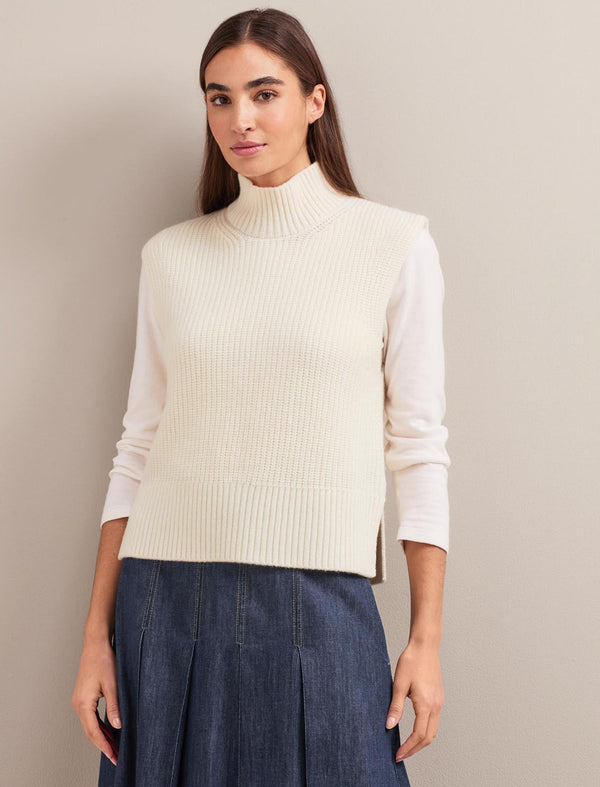 Janie Cashmere Blend Funnel Neck Sleeveless Jumper - Cream