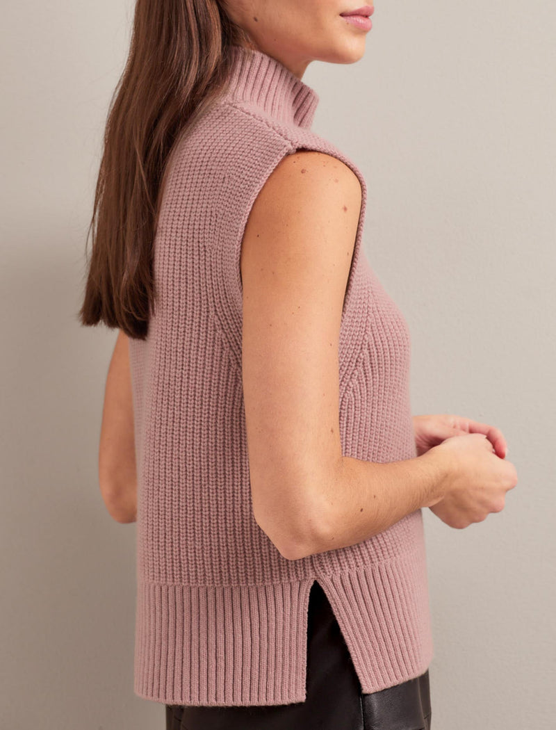 Janie Cashmere Blend Funnel Neck Sleeveless Jumper - Dusty Pink