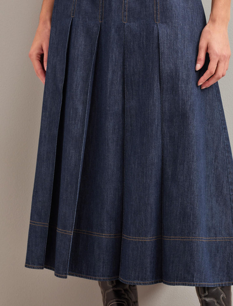 Sophia Denim Pleated Maxi Skirt - Dark Blue