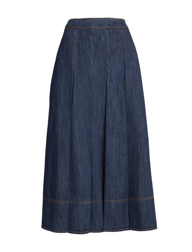 Sophia Denim Pleated Maxi Skirt - Dark Blue