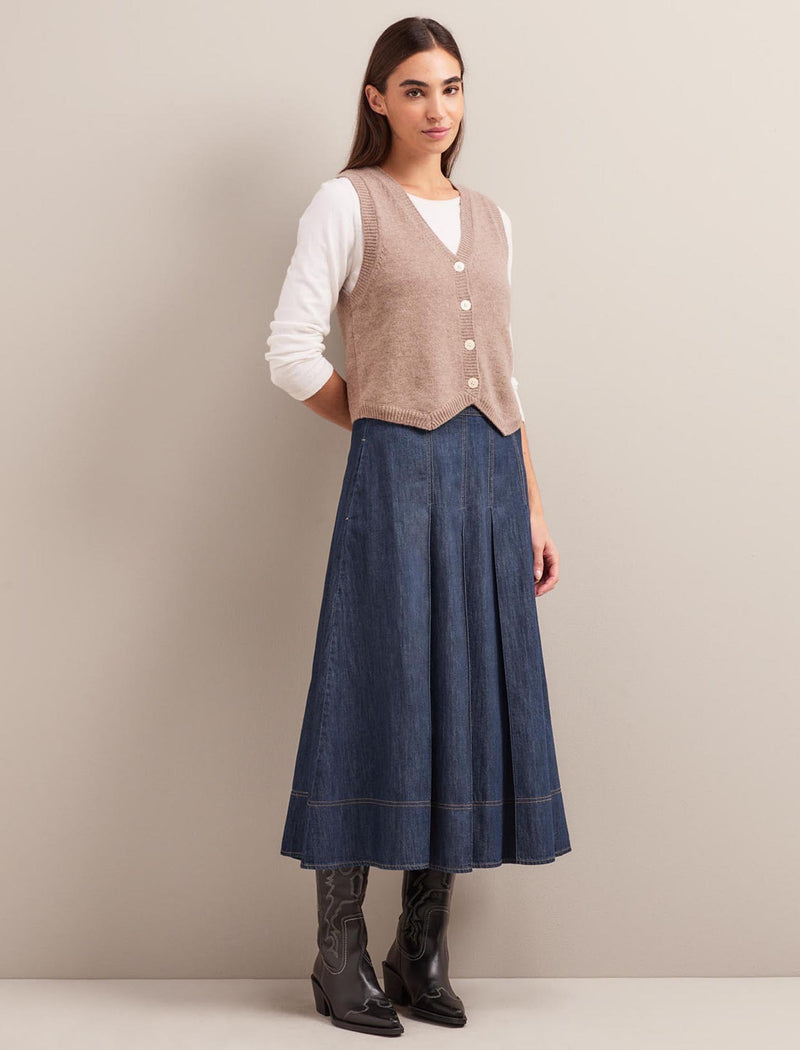 Sophia Denim Pleated Maxi Skirt - Dark Blue