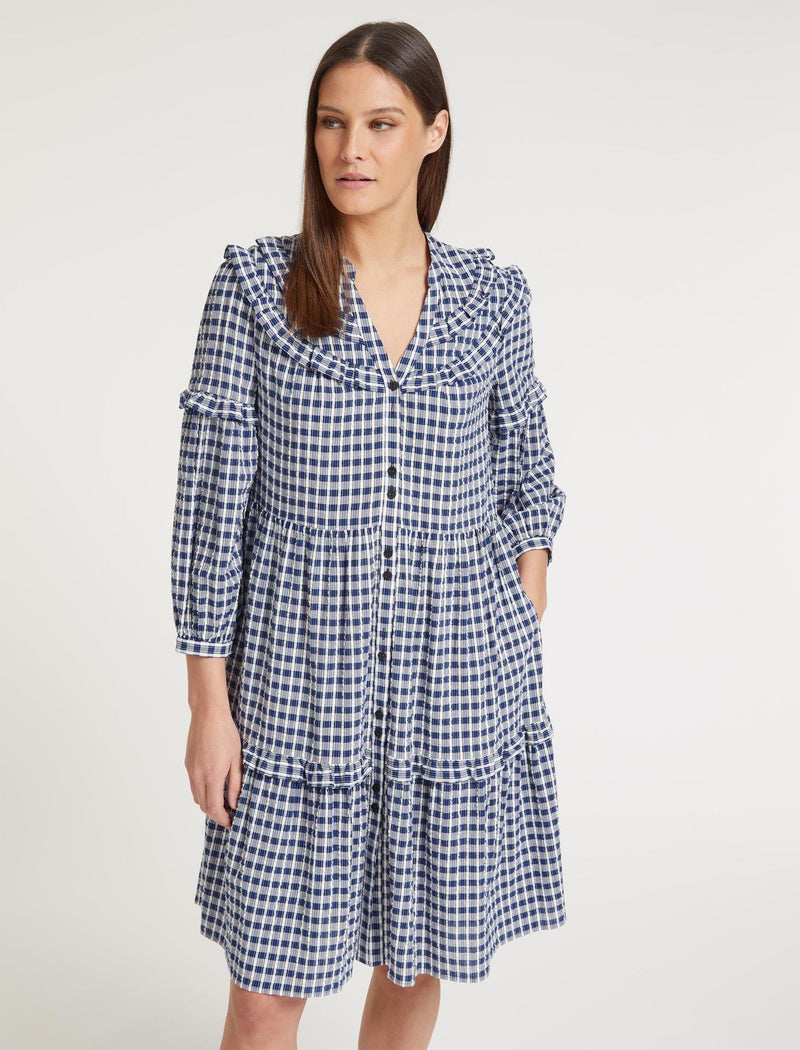 Suki Organic Cotton Seersucker Midi Dress - Blue White Check