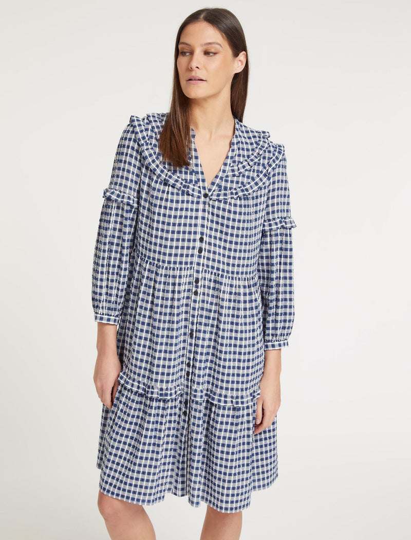 Suki Organic Cotton Seersucker Midi Dress - Blue White Check