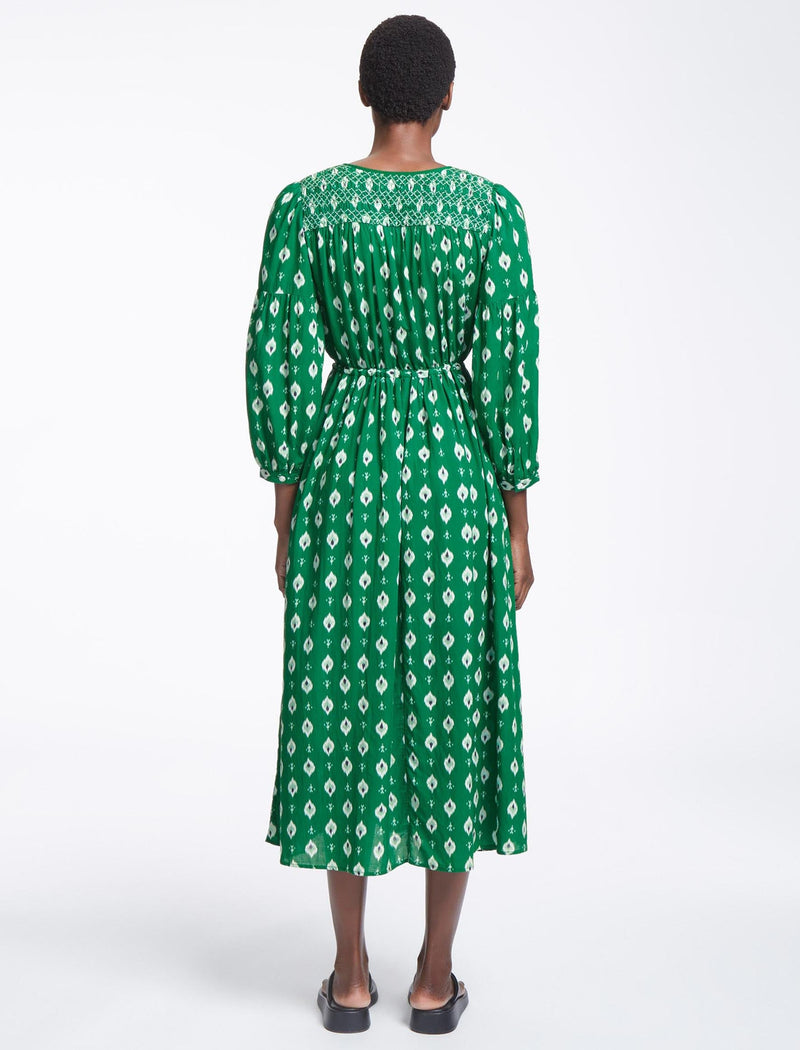 Yula Cotton Maxi Dress  - Green Ikat Print