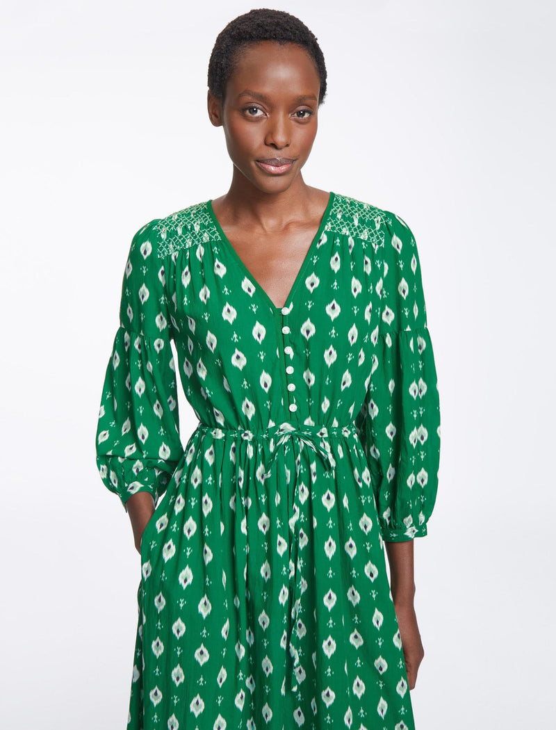 Yula Cotton Maxi Dress  - Green Ikat Print