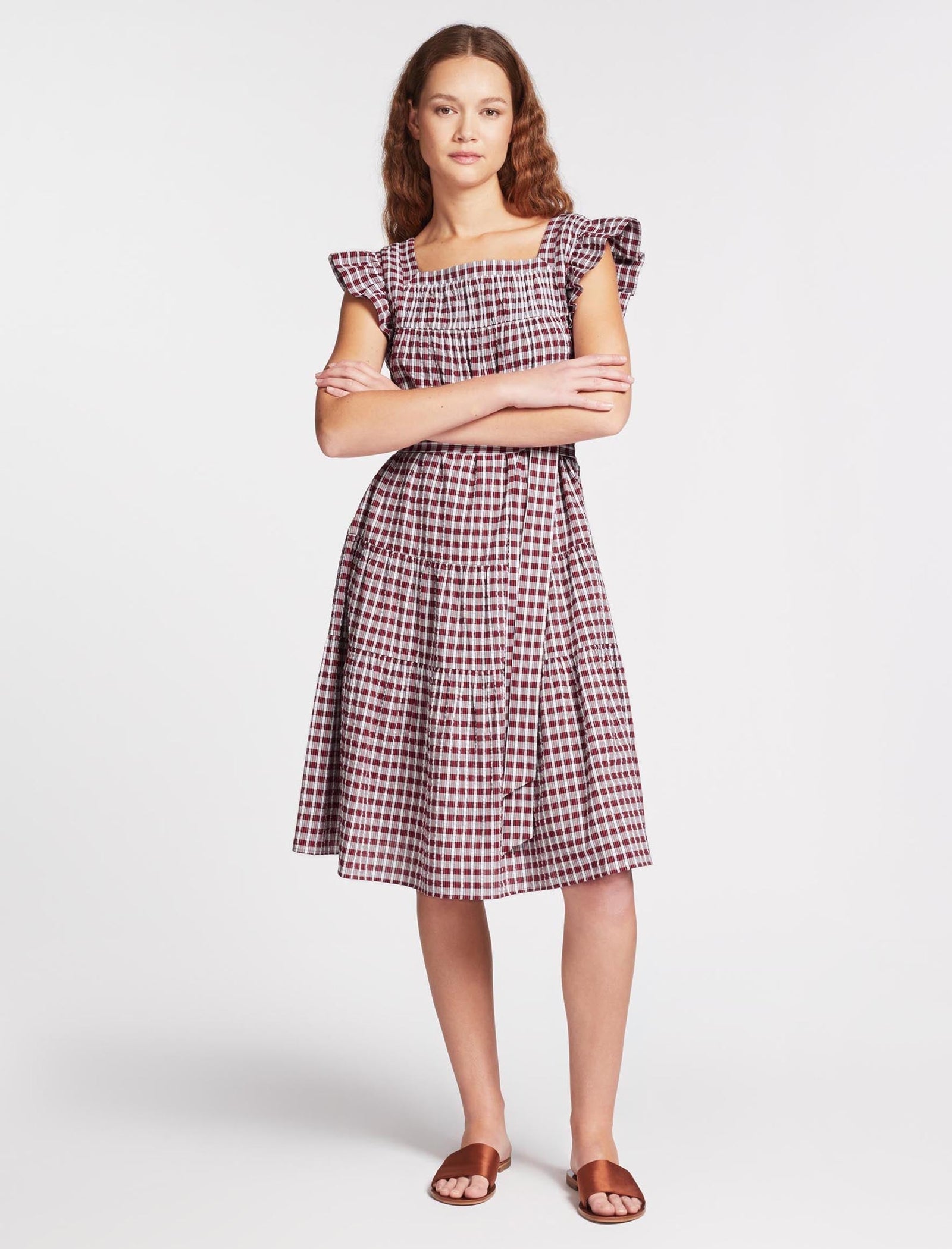 Maisie Seersucker Tiered Easy Midi Dress - Red White Check