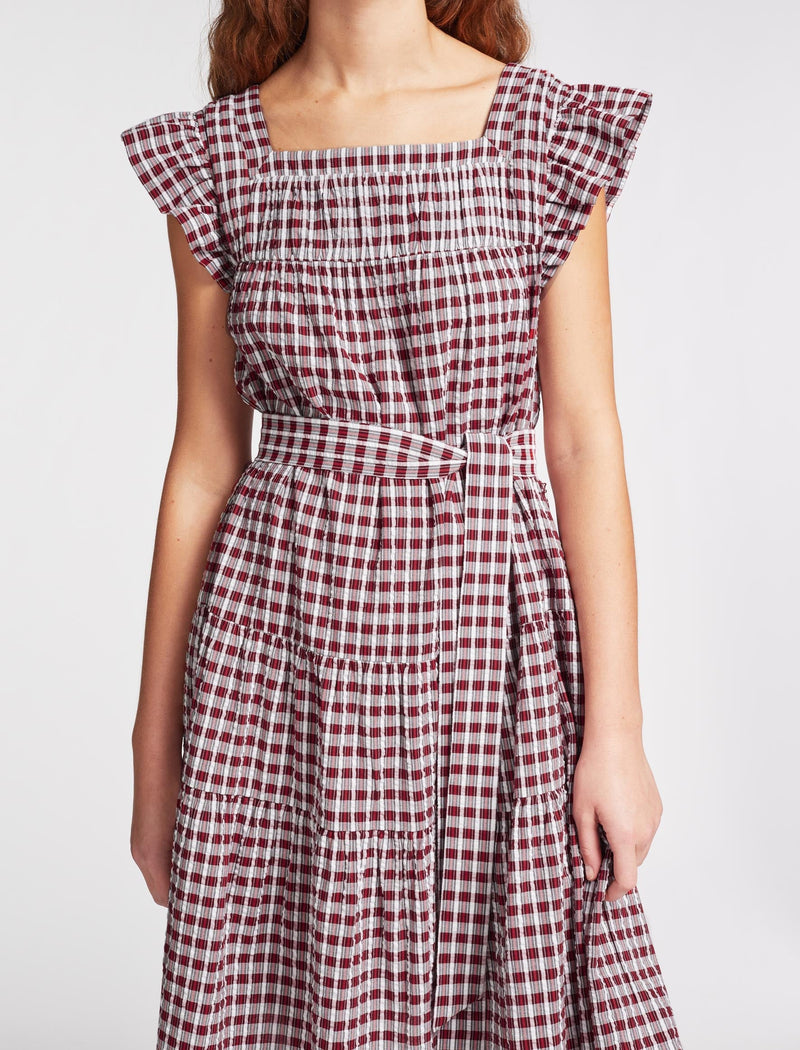 Maisie Organic Cotton Seersucker Midi Dress - Red White Check