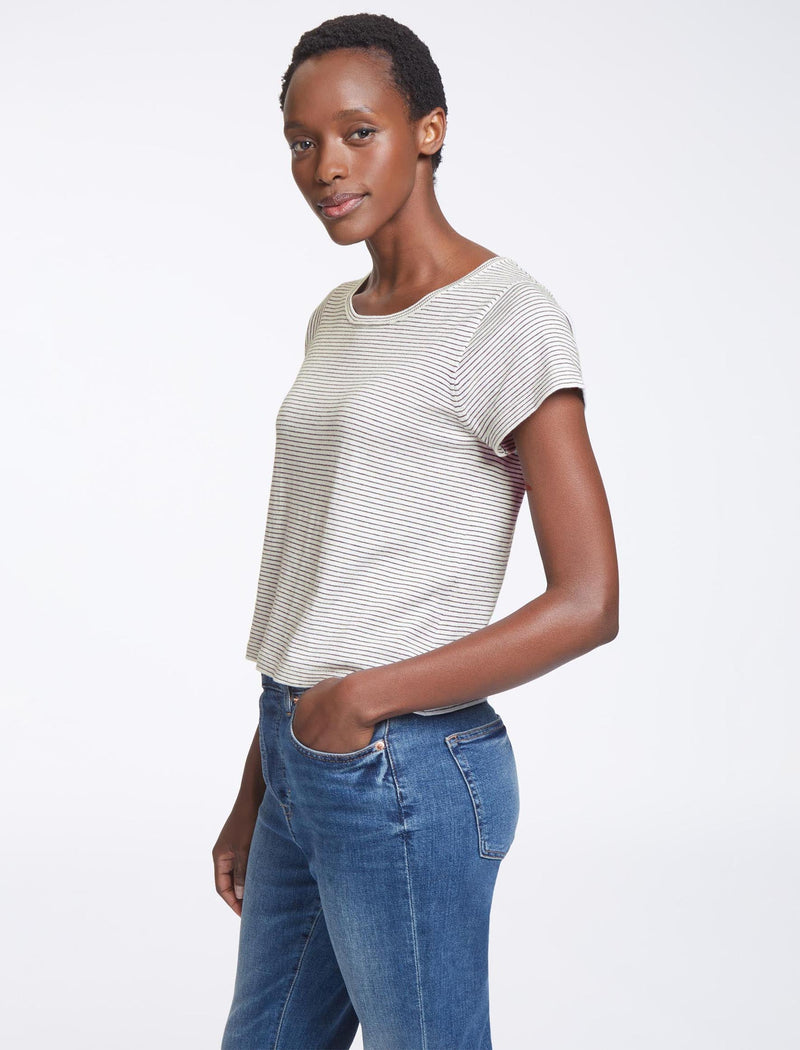 Madison Cotton Silk Blend Round Neck T-Shirt - White Navy Stripe
