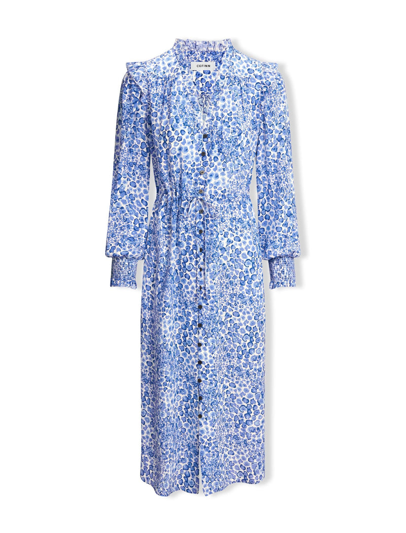 Stella Silk Midi Dress - Blue Leopard Pansy Print