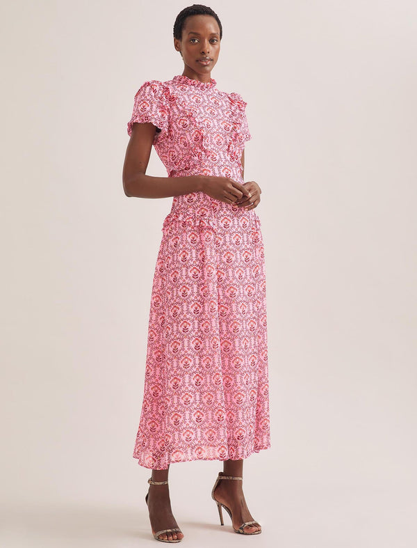 Mirabel Gold Metallic Fil Coupé Maxi Dress - Pink Carnation Print
