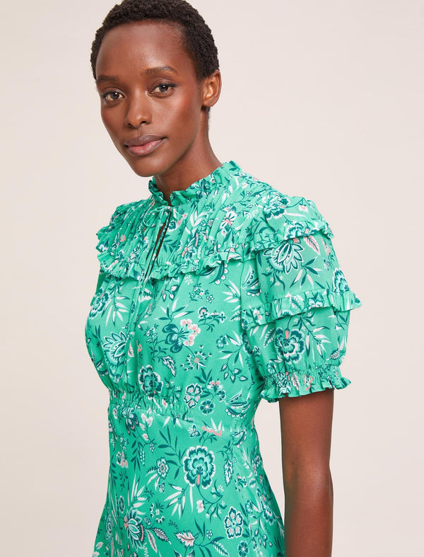 Viola Cotton Blend Bias Cut Maxi Dress - Green White Palm Floral