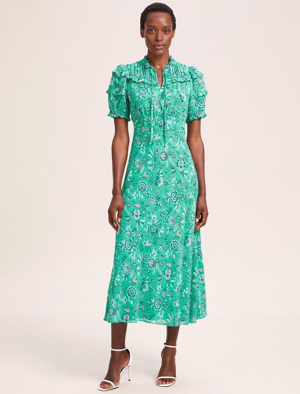 Viola Cotton Blend Bias Cut Maxi Dress - Green White Palm Floral