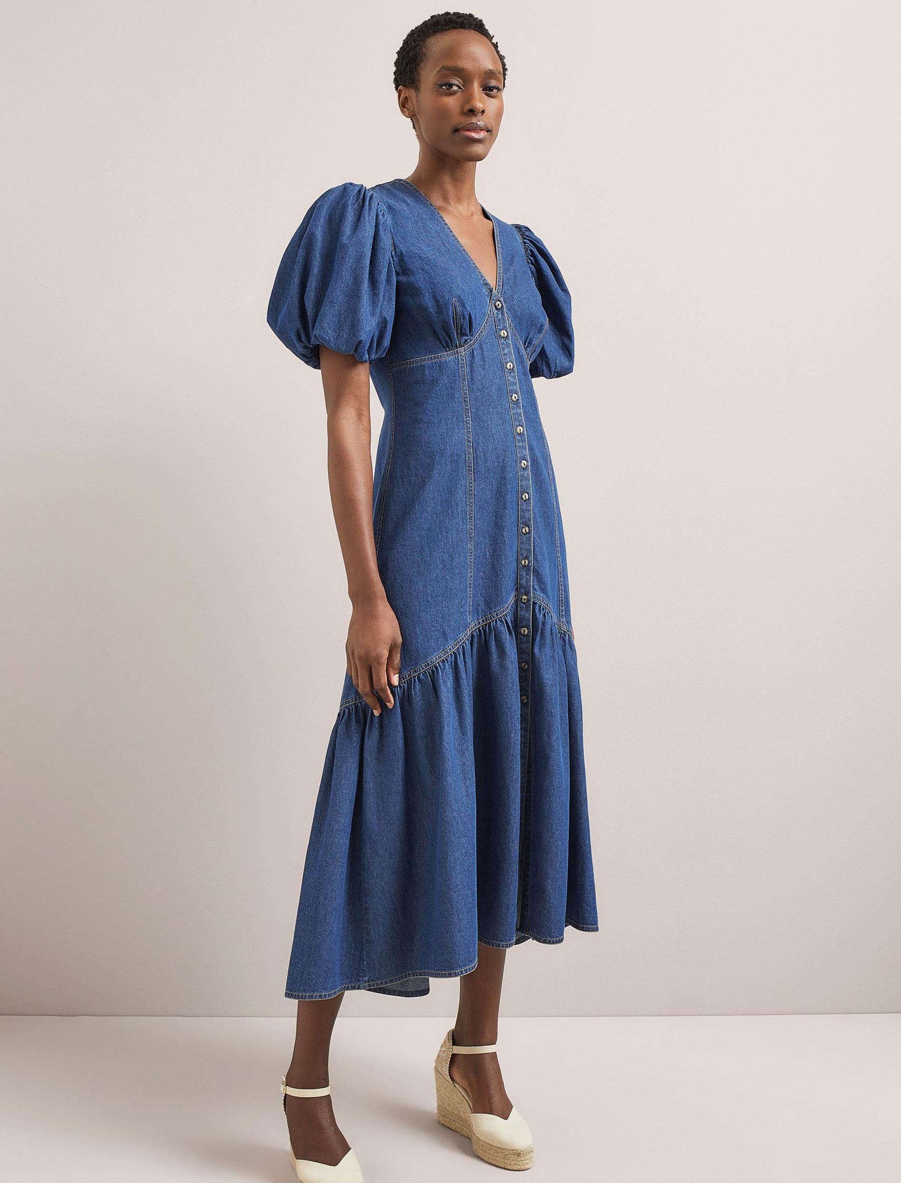 Este Denim V Neck Maxi Dress with Gathered Peplum Skirt Light Blue