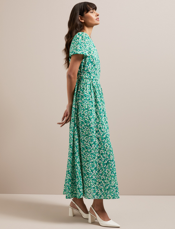 Nina Cotton Blend Maxi Dress - Mid Green Blossom Print
