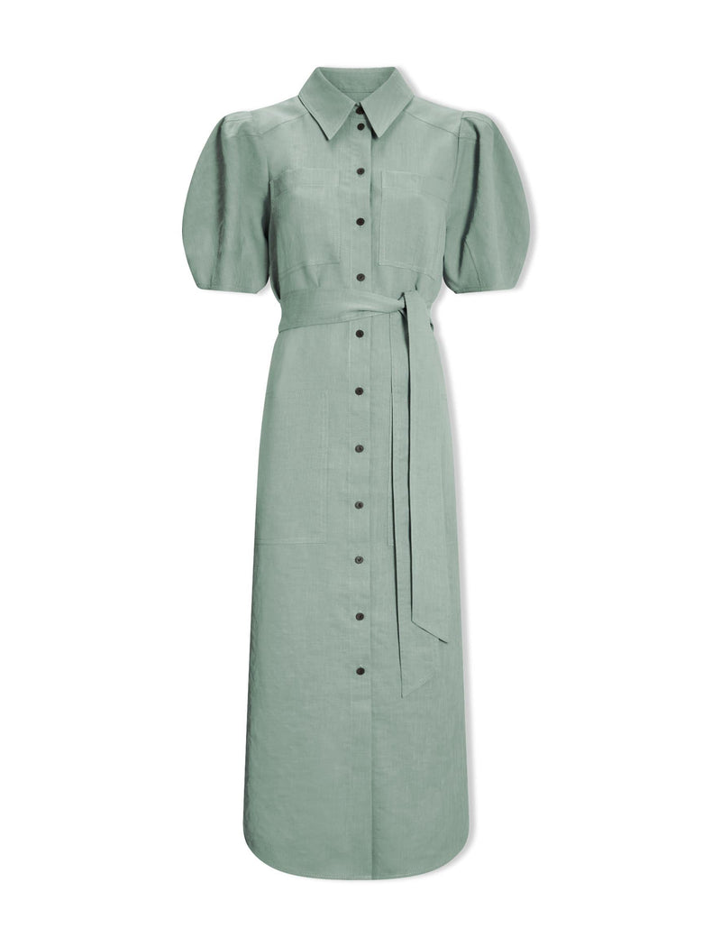 Lyra Techni Linen Maxi Shirt Dress - Sage Green