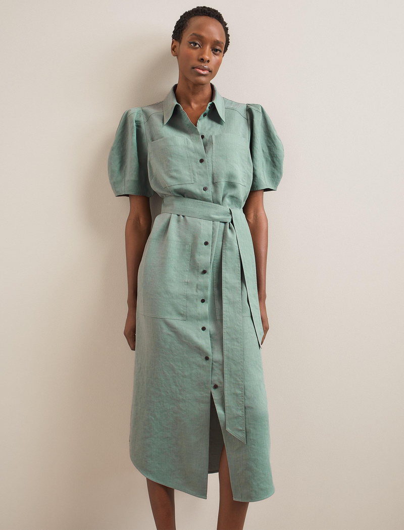Lyra Techni Linen Maxi Shirt Dress - Sage Green
