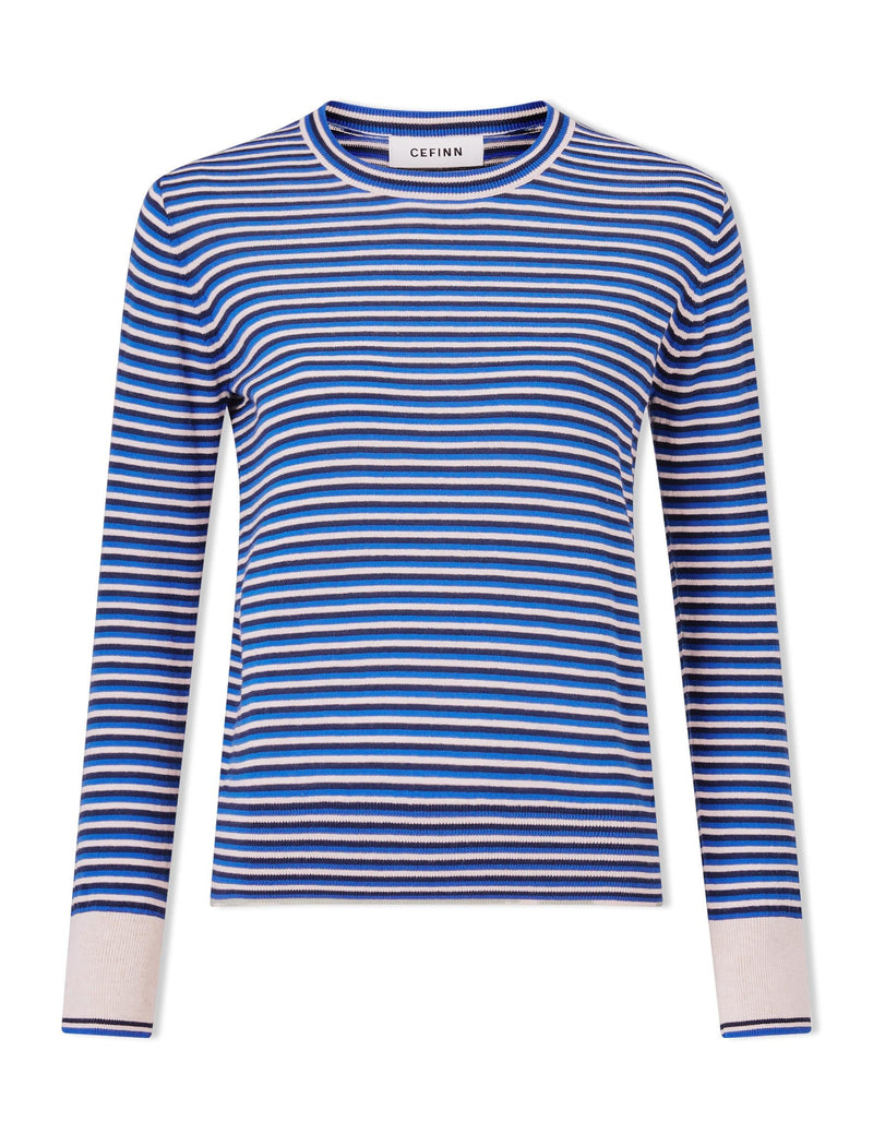 Jodi Cotton Jumper - Navy Blue Beige Stripe