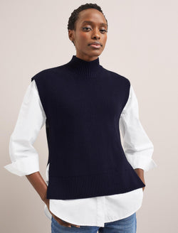 Janice Cotton Blend Funnel Neck Sleeveless Jumper - Navy