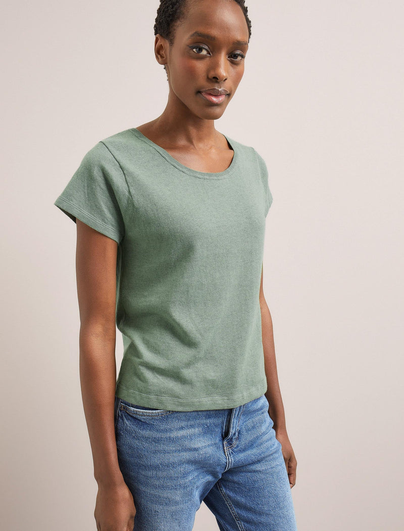 Madison Linen Blend Round Neck Knit T-Shirt - Sage Green