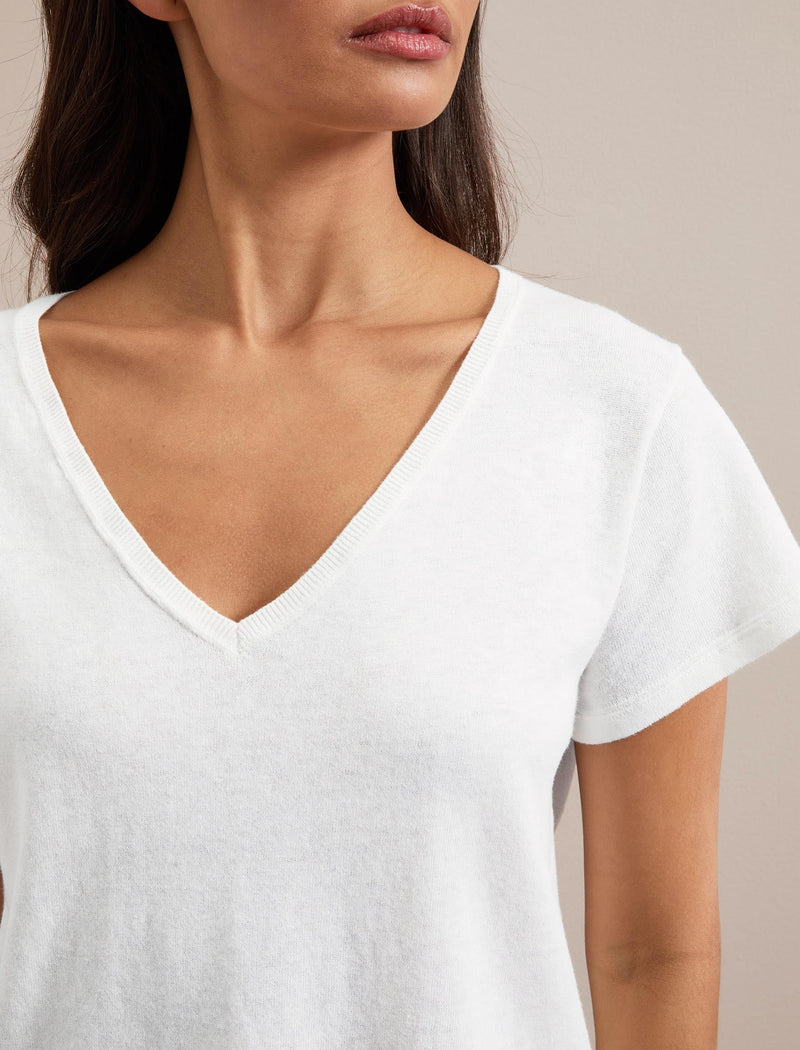 Madison Linen Blend V Neck Knit T-Shirt - White