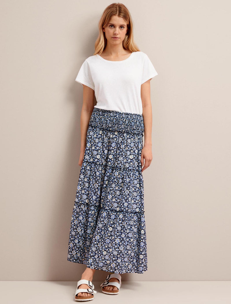 Kira Cotton Blend Maxi Skirt - Blue Ditsy Carnation Print