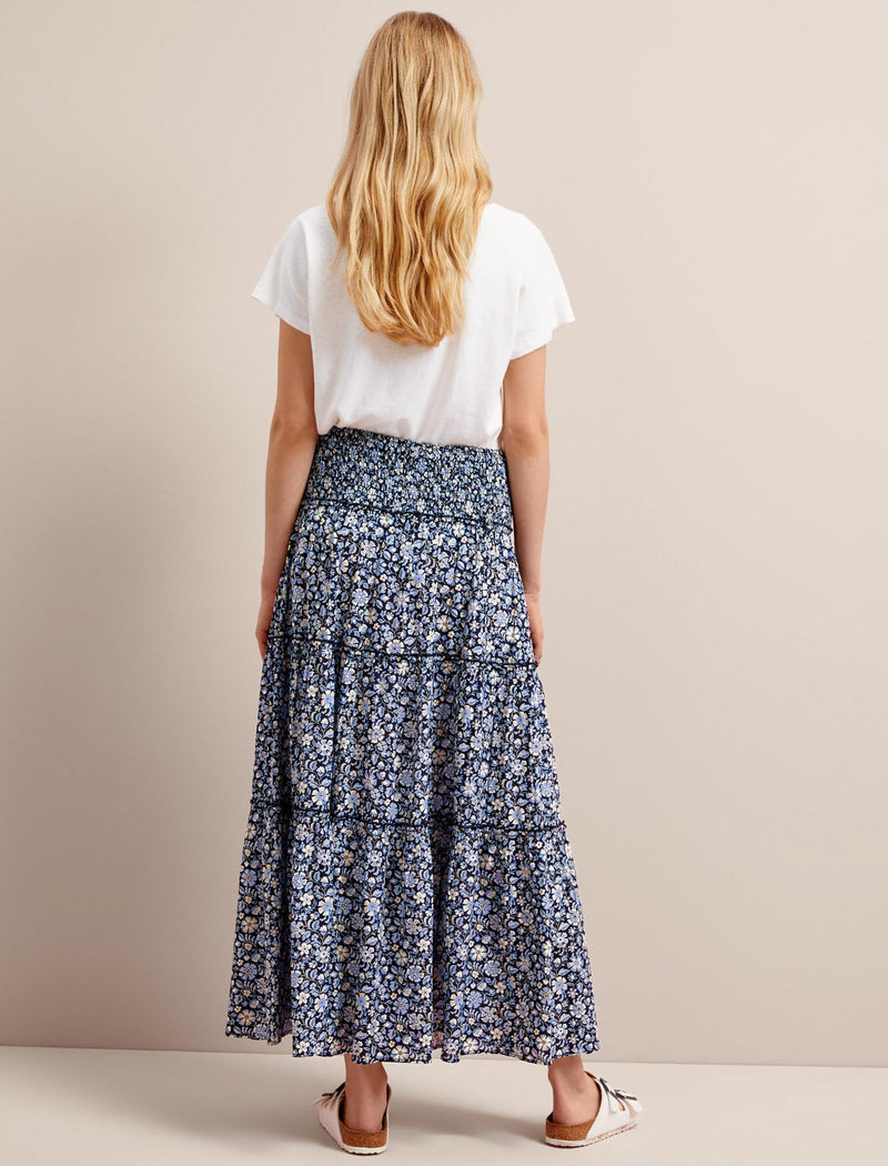 Kira Cotton Blend Maxi Skirt - Blue Ditsy Carnation Print