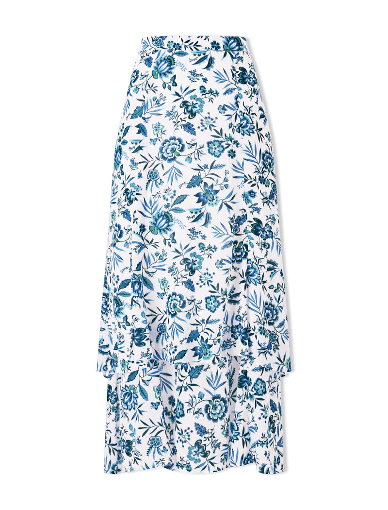Lotta Cotton Blend Maxi Skirt - White Blue Palm Floral