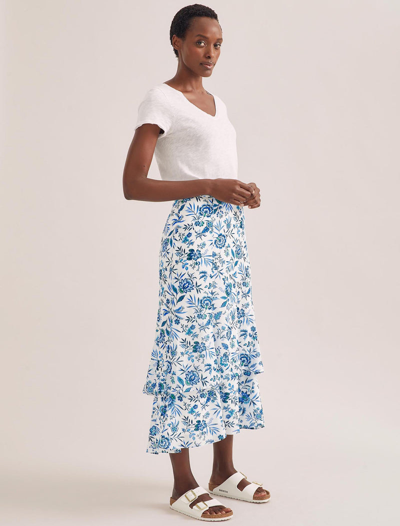 Lotta Cotton Blend Maxi Skirt - White Blue Palm Floral