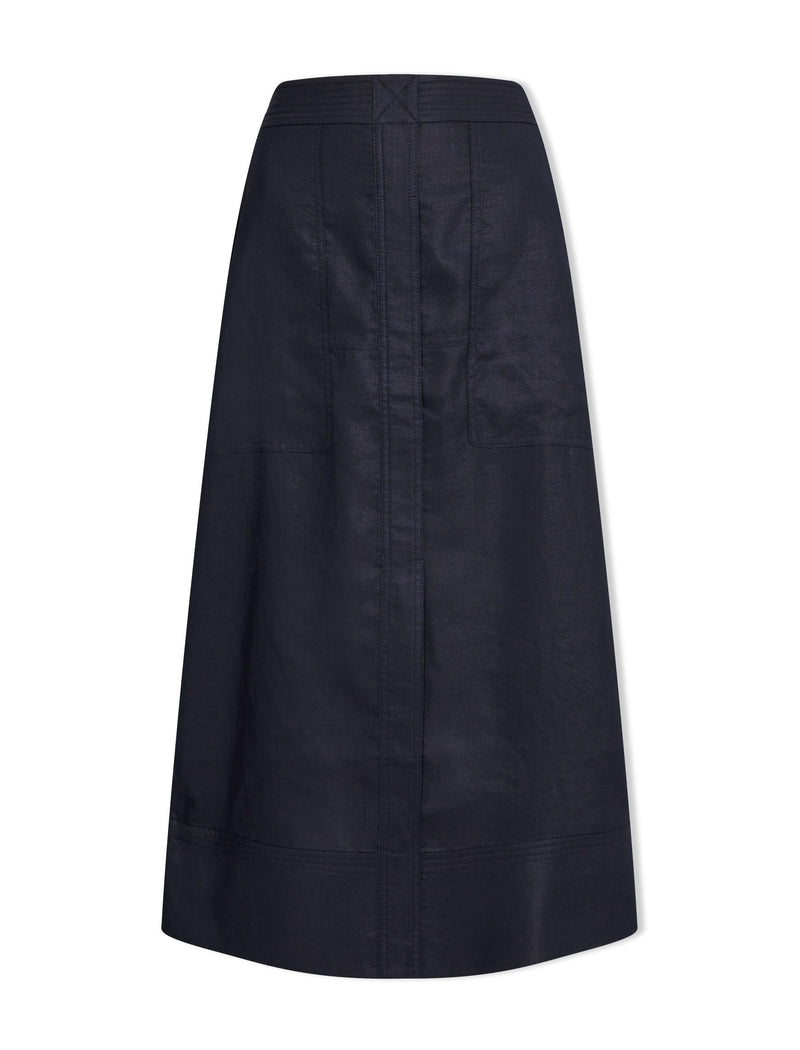 Safia Techni Linen Midi Skirt - Navy