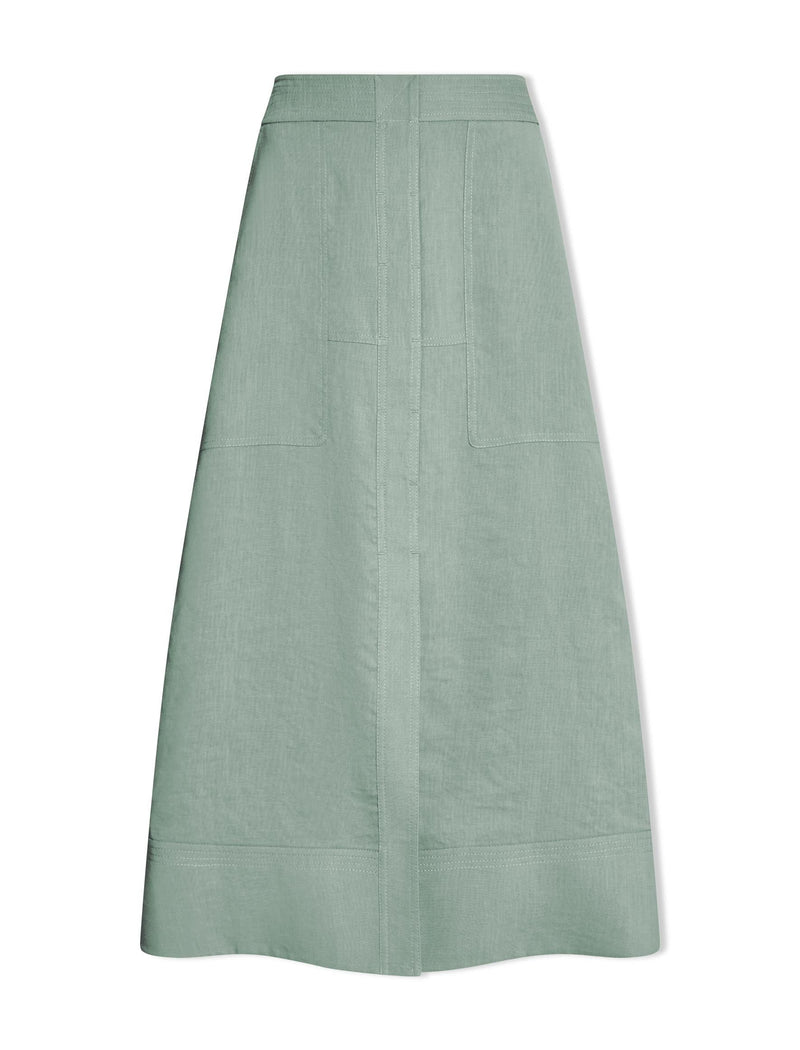 Safia Techni Linen Midi Skirt - Sage Green