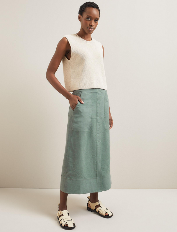 Safia Techni Linen Midi Skirt - Sage Green