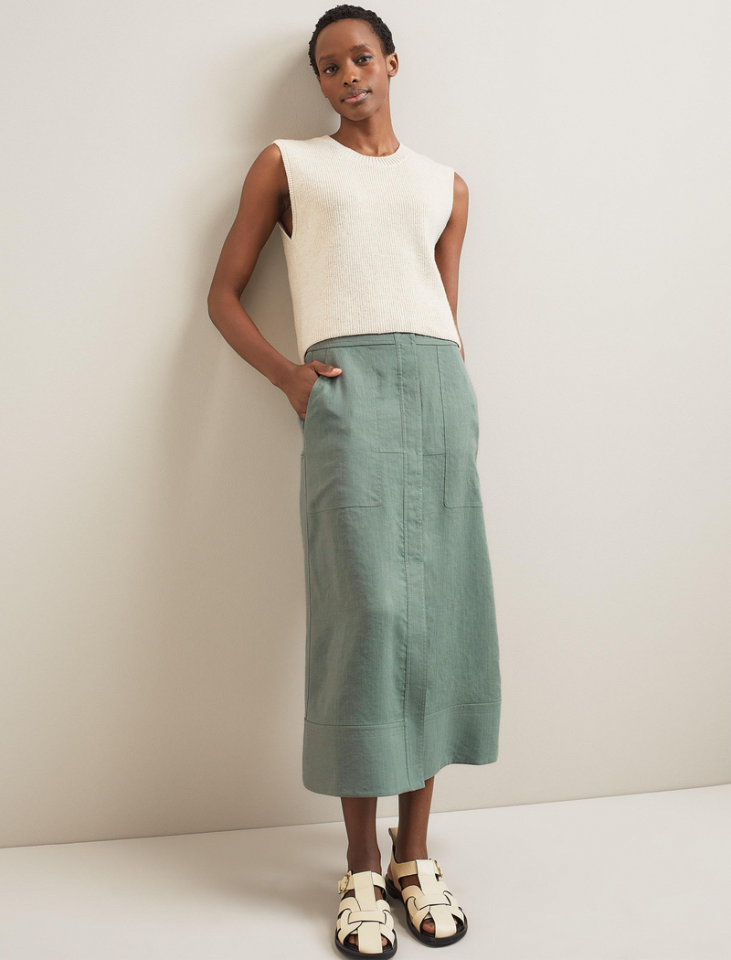 Safia Techni Linen Midi Skirt - Sage Green