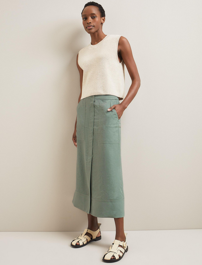 Safia Techni Linen Midi Skirt - Sage Green