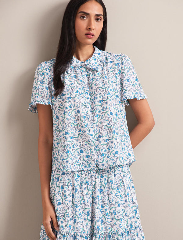 Kitty Silk Blend Blouse - Blue Trailing Feather Print